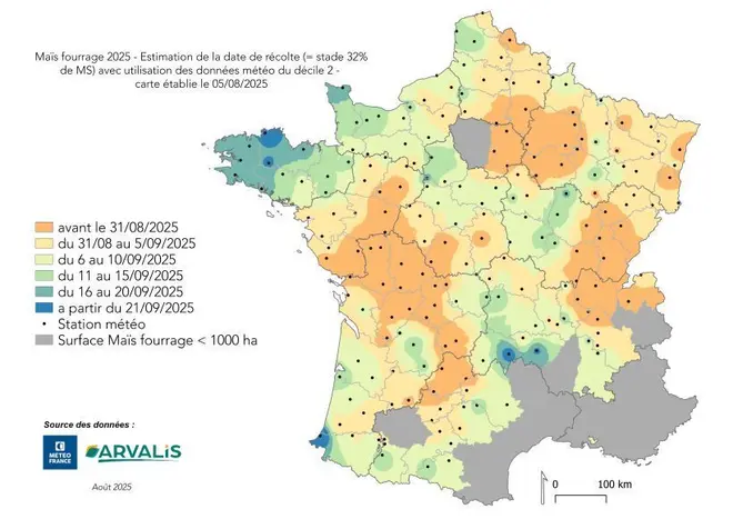 Au 5 août, dates prévisionnelles des dates de récolte pour un satede 32 % de MS du maïs