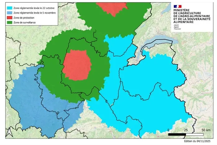 Zone réglementée levée autour du foyer dans le Rhône