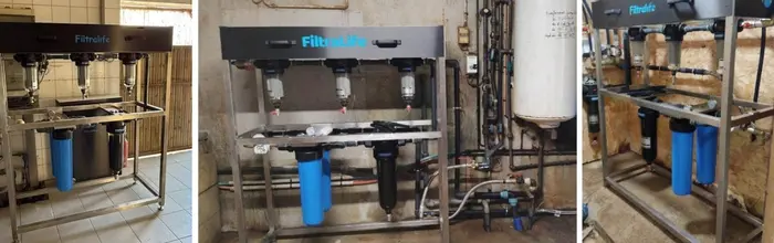 Station de traitement de l'eau par nanofiltration FiltraLife, montée sur son support (150 cm x 60 c
